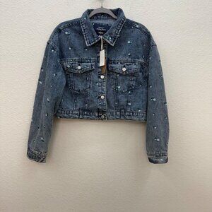 Ashley Vintage Charm Floral Embroidered Crop Denim Jean Jacket Womens Large NEW